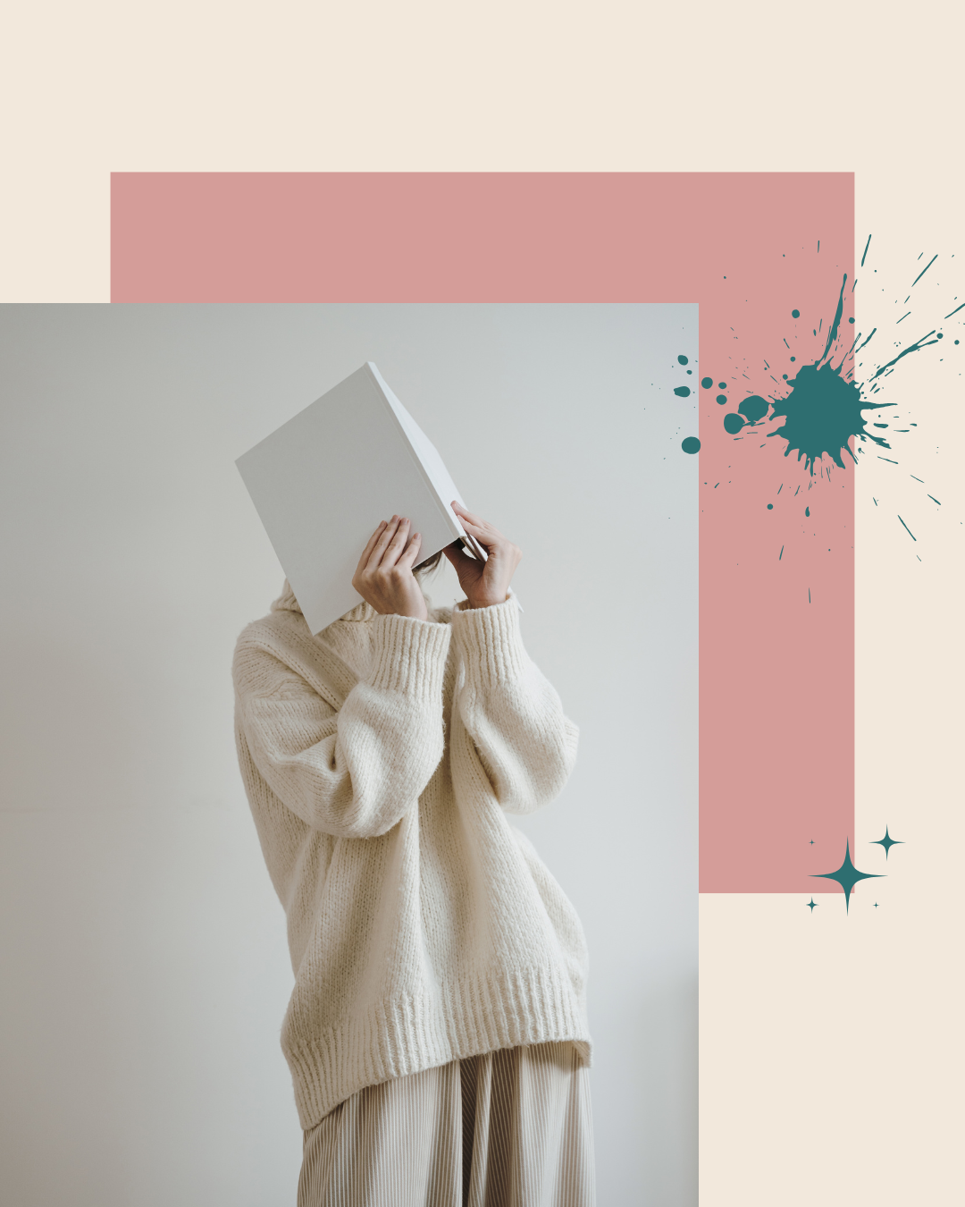 Minimalistische foto van een vrouw die een boek op haar hoofd houdt, met een rustige achtergrond in huisstijlkleuren. Symbolisch voor de uitdaging en verantwoordelijkheid van zelf een boek uitgeven.